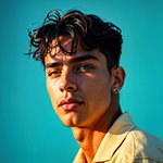 Portrait of a young man with dark curly hair and earrings against a clear blue sky.